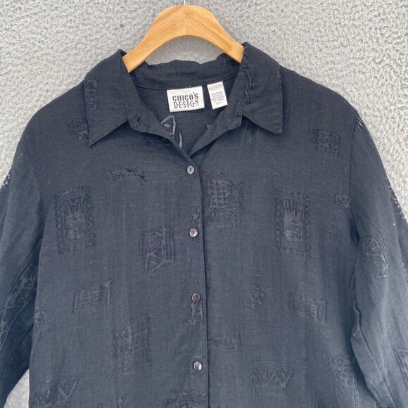 Chicos Top Womens 1 US Medium Black Burnout Tribal Button Up Collar 3/4 Sleeve - Picture 2 of 11